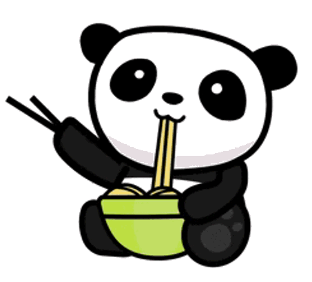 an animated panda bear eating ramen noodles from a bowl with chopsticks