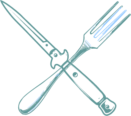 graphic of a switchblade and a fork in the shape of the letter X