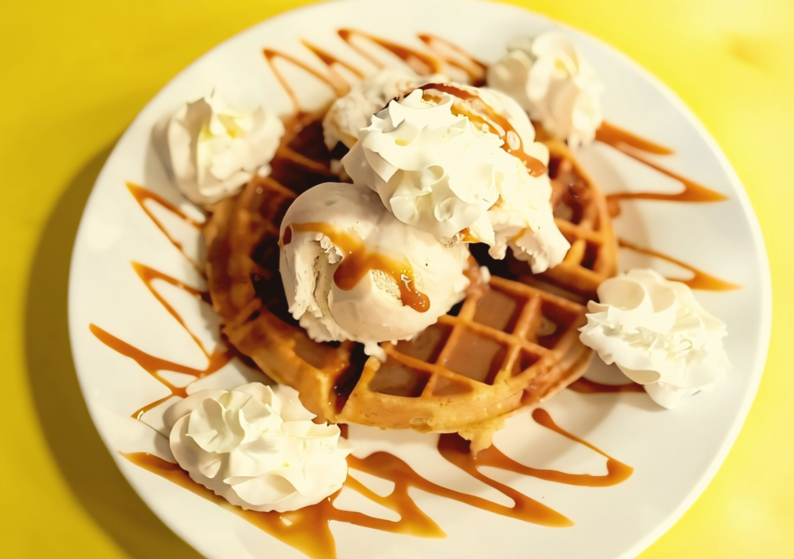 A crispy brown waffle topped with two scoops of vanilla ice cream, whipped cream and drizzled with caramel sauce.
